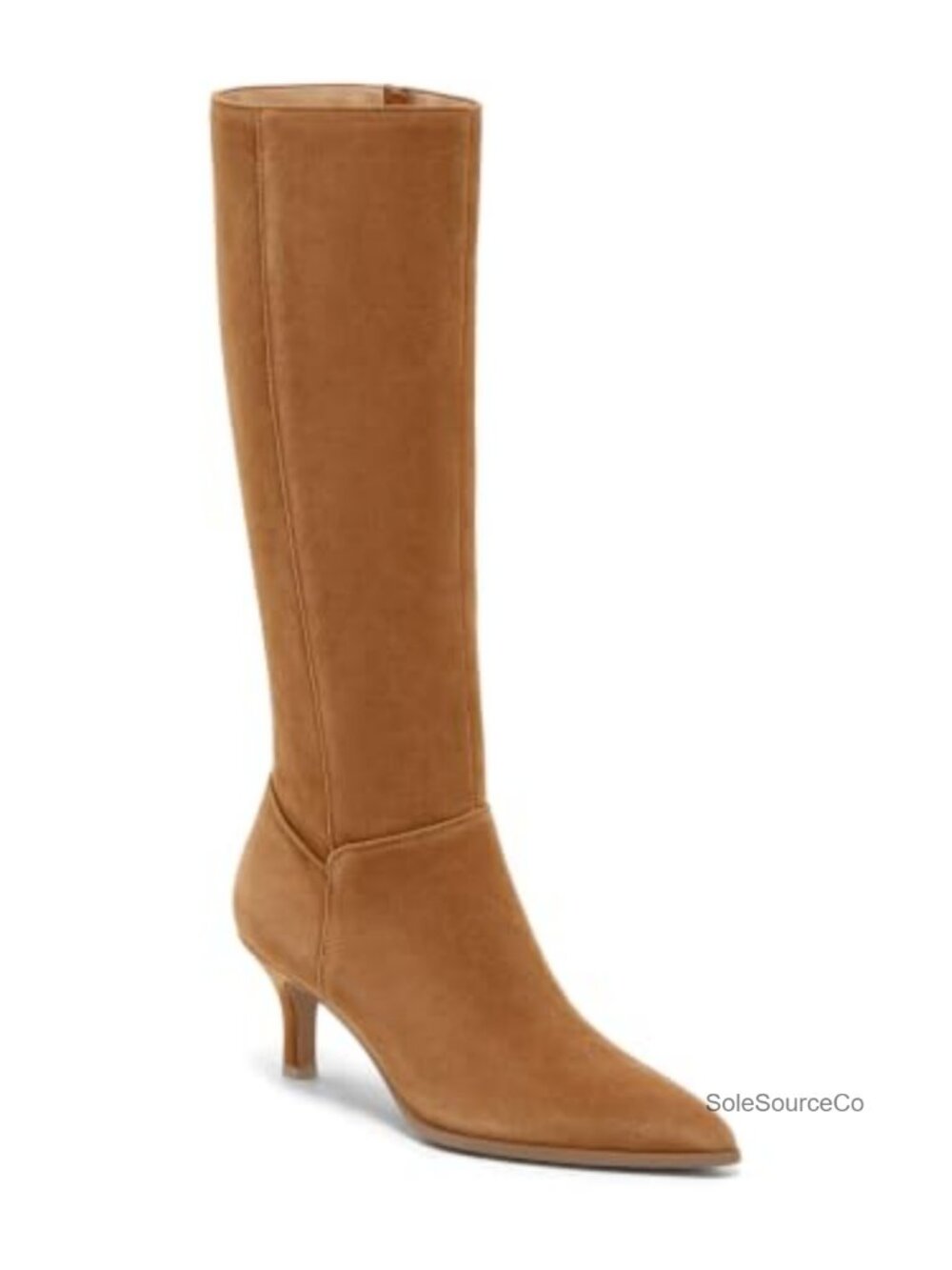 Coutgo Womens Knee High Boots Pointed Toe Kitten Heel Faux Suede Side Zipper
